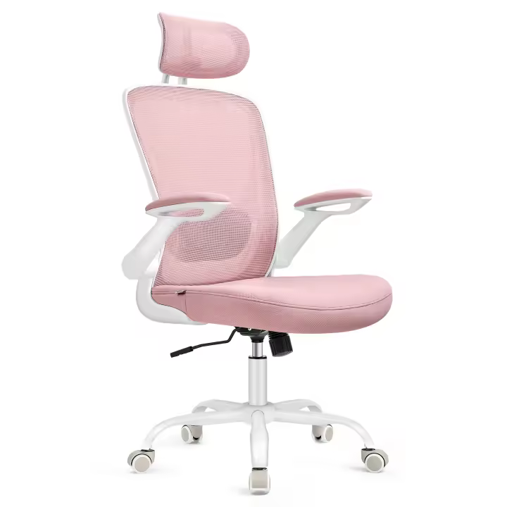 SONGMICS Silla de Oficina, Silla de Escritorio de Malla, Silla Giratoria Ergonómica, Soporte Lumbar, Oscilante, Asiento de 53 cm, Apoyabrazos Abatibles, Reposacabezas, Negro Tinta/Capuchino Beige/Rosa Jalea - 1