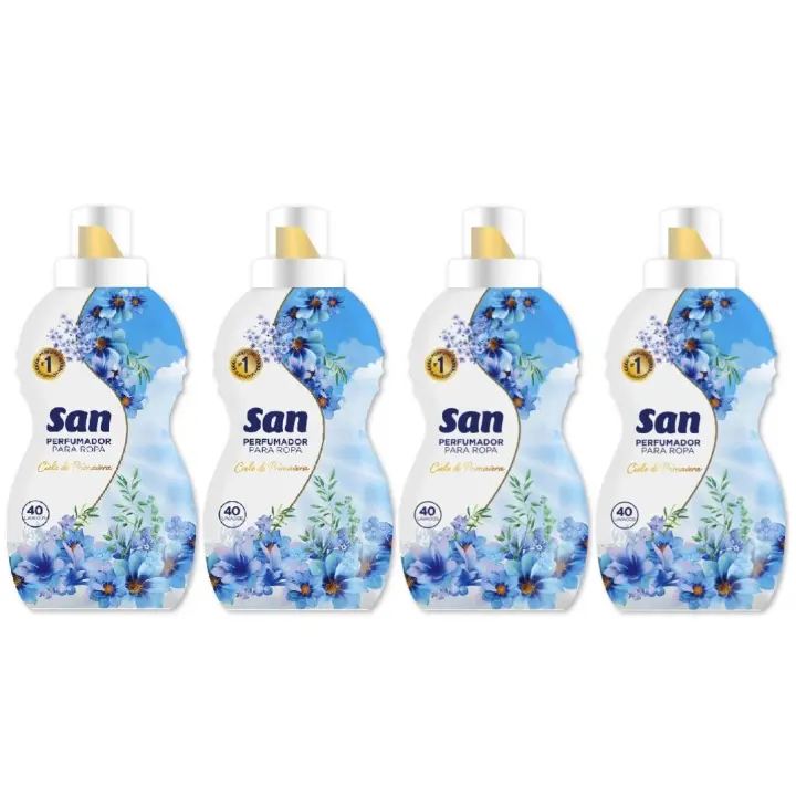 SAN Perfumador para Lavadora Cielo de Primavera 40 Lavados 800ml (Pack de 4), Líquido Concentrado para Ropa, Fragancia Duradera evocador a Brisa Suave, Olor Azul Floral con toque Aldehídico - 1