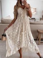 Vestido Bohemio Elegante De Mujer Con Encaje Y Diseño De Hombros Delgados Vestido De Verano Con Broche De Flor A-Line Midi Pullover Sin Mangas V-Neck - details 2