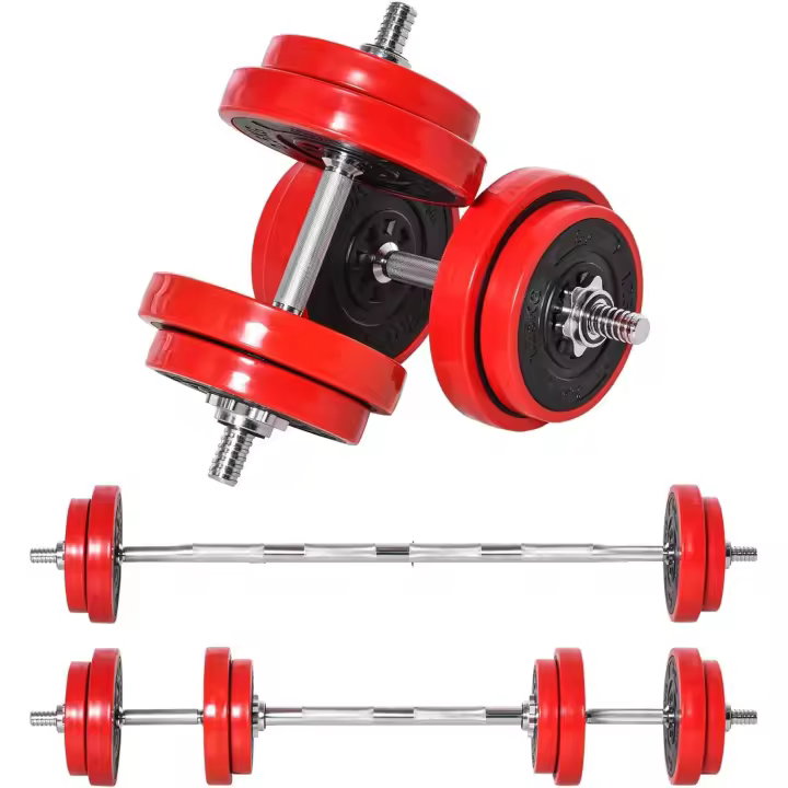 Juego de Mancuernas 20 kg Ajustables 2 en 1 con 8 Discos 2 Barras y Biela Ajustable para Entrenamiento de Fuerza Levantamiento de Pesas Hogar Gimnasio Oficina Negro y Rojo - 1