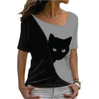 Blusa De Verano Para Mujer Estilo Nuevo Con Cuello Inclinado Y Estampado De Gato Negro Manga Corta Camiseta Casual De Polyester Y Spandex - details 5