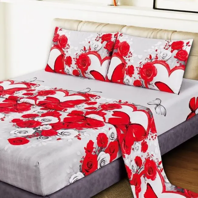 Juego de Sábanas Romántico Gris Grafito con Rosas Rojas y Blancas - Incluye Funda Nórdica + Sábana Ajustable Elástica + 1-2 Fundas de Almohada | Tallas 90/135 cm (3 Piezas) y 150 cm (4 Piezas) | Poliéster Premium Antipilling y Lavado Rápido - 1