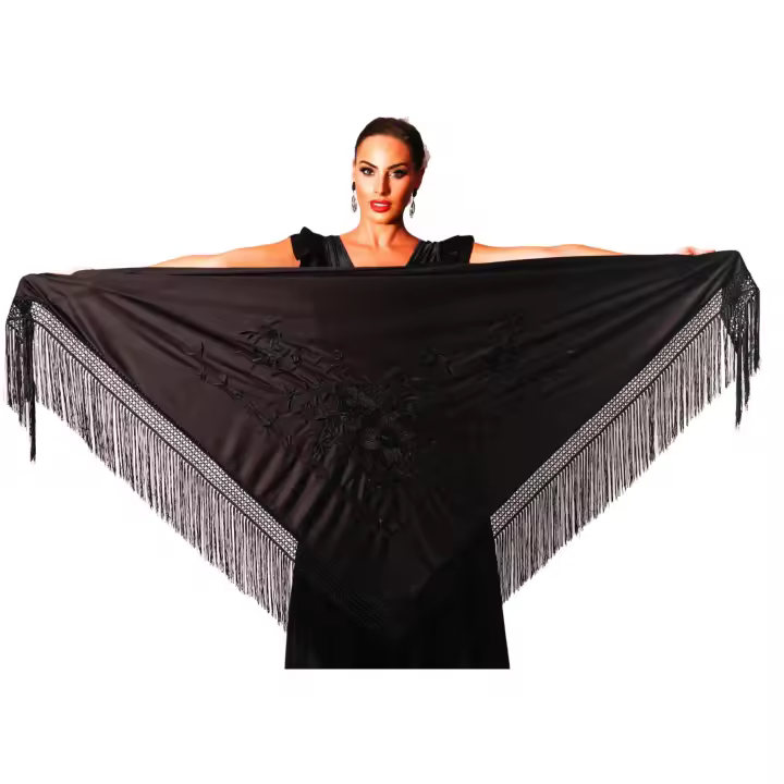 Manton pico color negro de flamenco con flecos. Medida GRANDE 190X90cm - 1