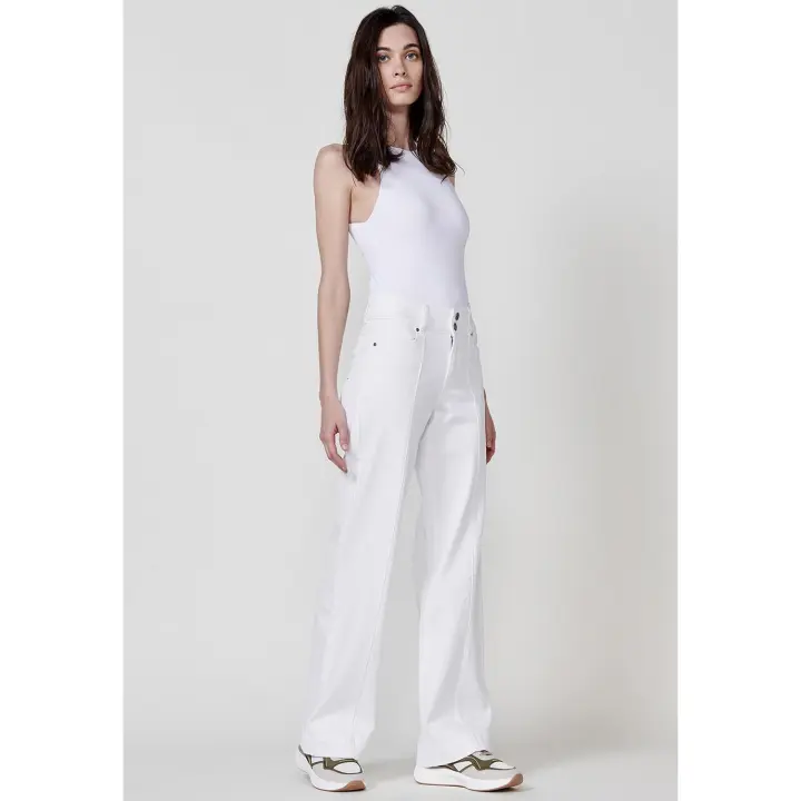 Koroshi Pantalón largo jeans ancho con cierre delantero con cremallera y dos botones para mujer - 1