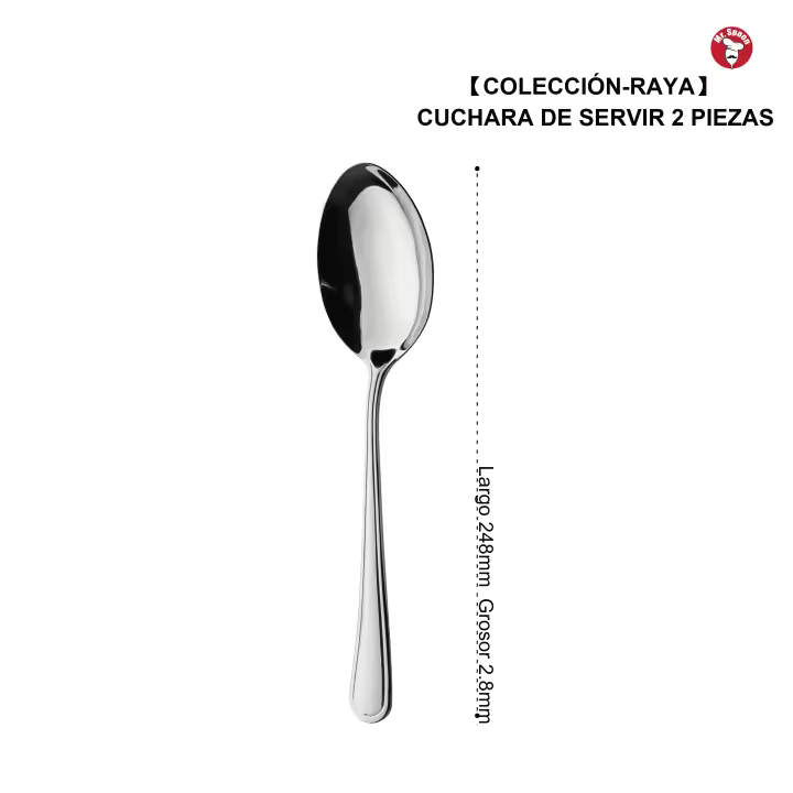 Mr.Spoon Serie Raya Cuchara y Tenedor de servir 2, 6 o 12 piezas,Acero inoxidable 18/0,Plateado,Económico y funcional,Cuchara y Tenedor de servir largo 248mm,Mango monobloque,Apto para lavavajillas,Empaque ecológico. Ideal para casa,hotel,restaurante - 1