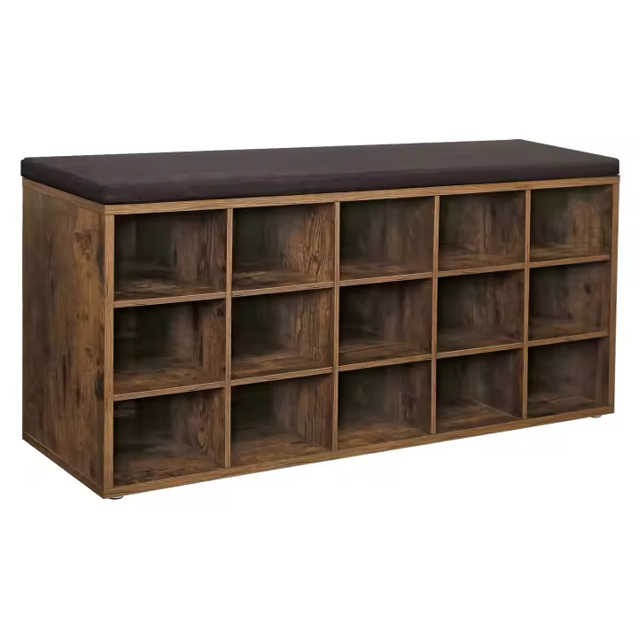 VASAGLE Banco Recibidor con 15 Compartimentos y Asiento Acolchado, EstanterÍa Almacenaje, Capacidad hasta 200 kg, Blanco Nube y Gris Paloma/Marrón Rústico y Marrón/Roble con Vetas Azul y Gris/Negro Ébano y Gris Pizarra/Beige Capuchino/Marrón Camello - 1