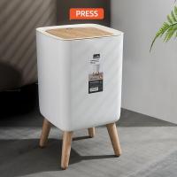 Bandeja De Basura Con Tapa Y Prensa Para Sala De Estar Baño Cocina Caja De Basura De Madera Imitada Con Pie Alto - details 4