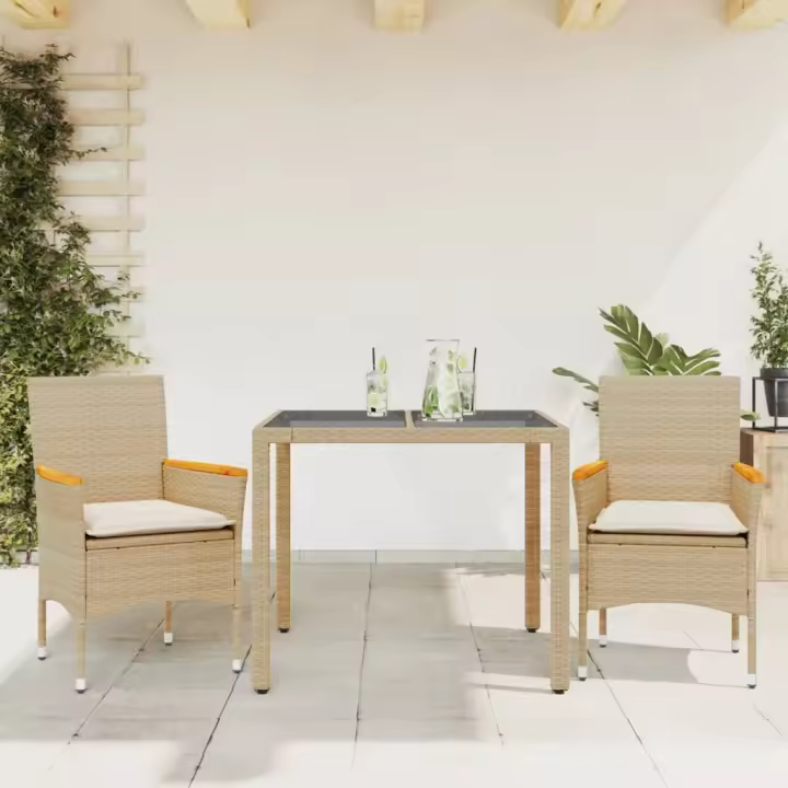 vidaXL Set comedor jardín 3 pzas cojines ratán sintético vidrio beige - 1
