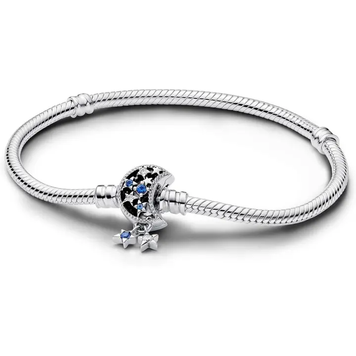 PANDORA Moments Pulsera de Plata de Ley with Cadena de serpiente y Cierres en forma de Luna with Cristal Azul Estilar y rounded cúbica transparente - 1