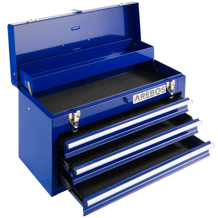 AREBOS Caja de Herramientas | 3 Cajones | con Alfombras Antideslizantes | Azul | incl. Asa de Transporte y Cierres Rápidos - 1