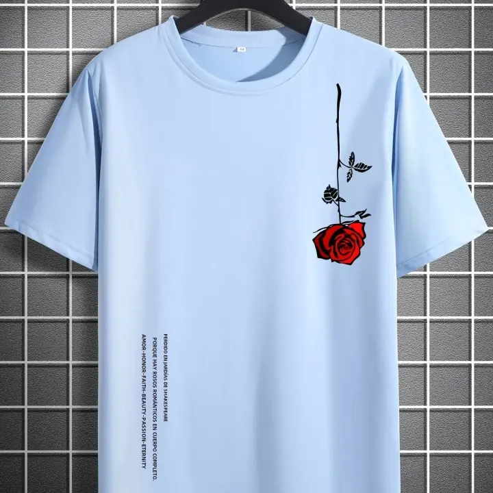 Camiseta De Verano Para Hombre Talla Grande 100% Algodón Estampado De Rosas Cuello Redondo Manga Corta Ajustada Top Casual - 1