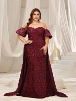 Vestido De Noche Exquisito Con Mangas Encaje Y Satén Contraste plus Size Off-Shoulder Para Mujer 25-34 Años Vestido Largo - details 1