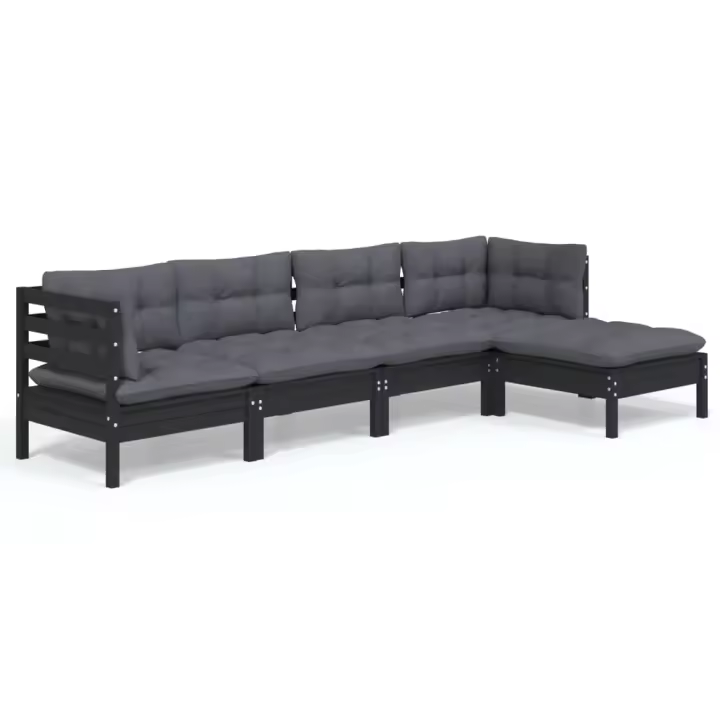 vidaXL Muebles de jardín 5 pzas con cojines negro madera de pino - 1