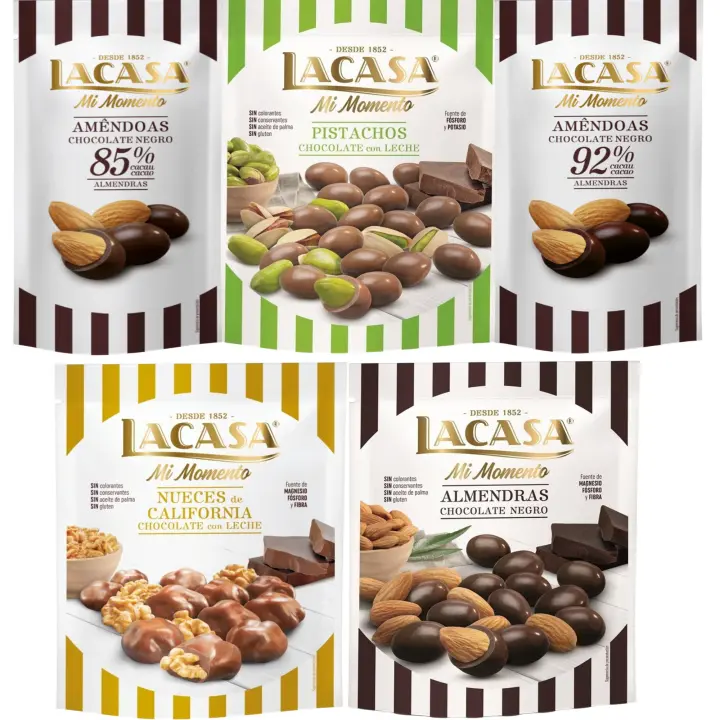 Lacasa Mi Momento pack de 5:Almendra 92% ,Almendra 85% ,Nueces Chocolate Leche,Almendra Chocolate Negro ,Pistacho Chocolate Leche - 1