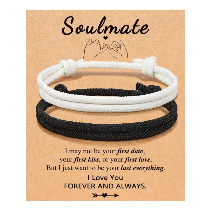 Conjunto de pulsera de Pareja en Blanco y Negro, Gift de cumpleaños, pulsera de la Amistad, pulsera de Cuerda milanesa Roja y negra. - 1