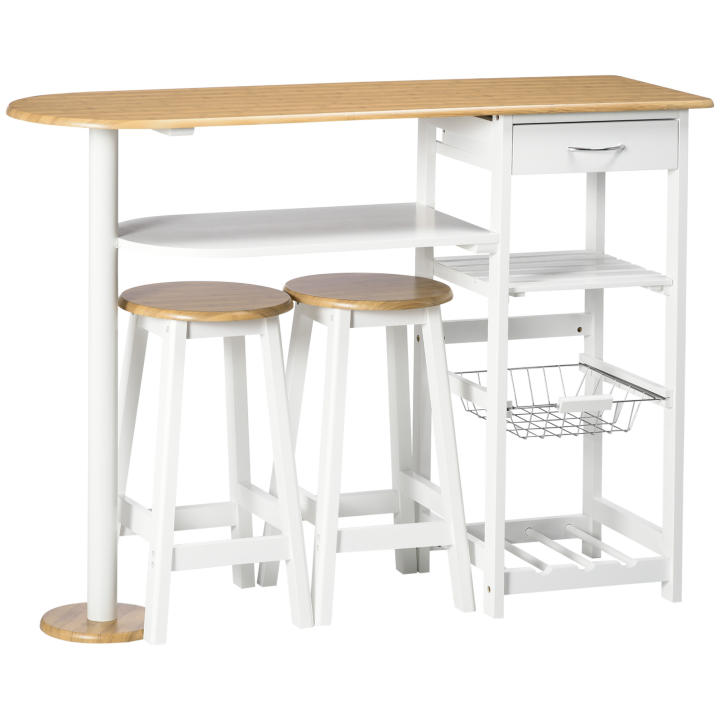 HOMCOM Set de Mesa de Bar con 1 Cajón 2 Estantes Cesta Extraíble y Botellero Juego de Muebles con Mesa Alta de 119x38,5x88,5 cm y 2 Taburetes de 29x29x55 cm para Comedor Cocina Blanco
