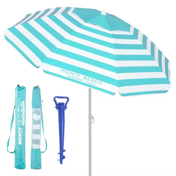 Sombrilla playa 240 cm y soporte arena, protección UV+50, sombrilla antiviento, varillas flexibles fibra vidrio, techo ventilación, mástil inclinable y regulable altura, bolsa transporte - 1