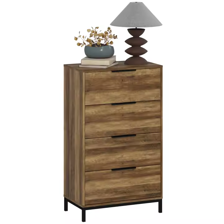 HOMCOM Cómoda de 4 Cajones Cómoda para Dormitorio Alta con Tiradores Metálicos Cajonera Estrecha para Salón Pasillo 62x35x105 cm Natural - 1