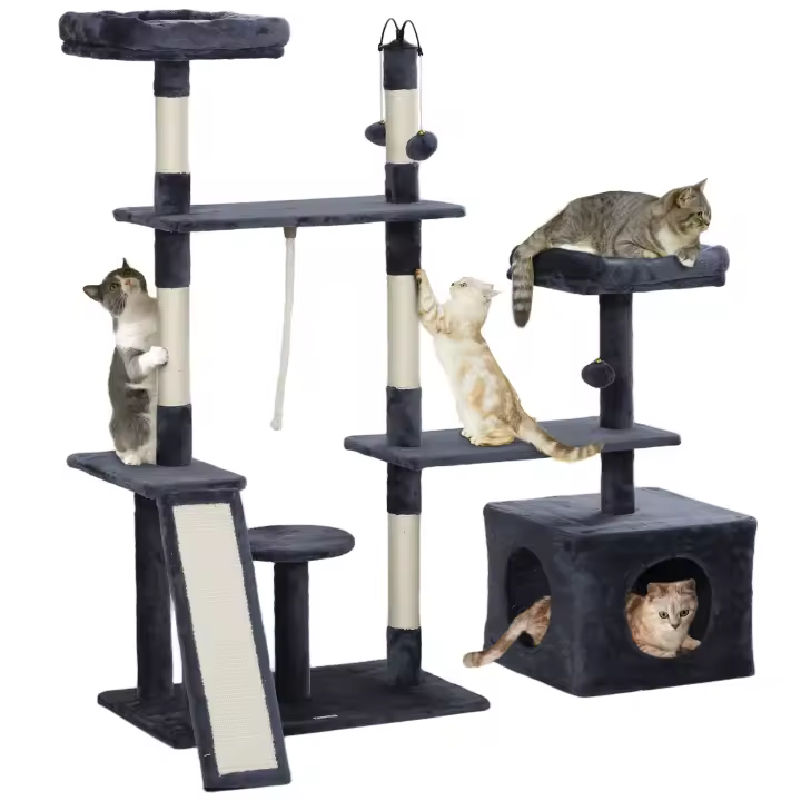 PawHut Árbol Rascador para Gatos 134 cm Torre para Gatos Rascador para Gatos con Nidos Cueva Plataformas Bolas de Juguete y Postes de Sisal Gris Oscuro - 1
