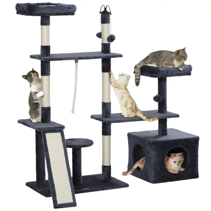 PawHut Árbol Rascador para Gatos 134 cm Torre para Gatos Rascador para Gatos con Nidos Cueva Plataformas Bolas de Juguete y Postes de Sisal Gris Oscuro - 1
