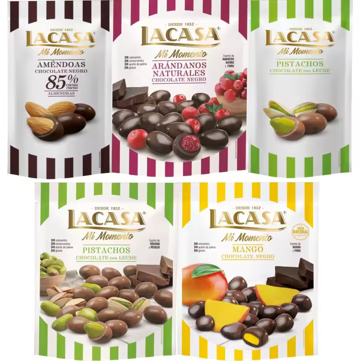 Lacasa Mi Momento pack de 5:Pistacho Chocolate Leche,Almendra 85% ,Arándano Chocolate Negro ,Pistacho Chocolate Leche ,Mango Chocolate Negro - 1