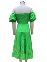 BAMBOOBOY Vestido Largo De Verano Para Mujer Hombros Descubiertos Color Sólido Manga Corta Puff Cuello Abierto A-Line Cintura Alta Midi Sundress - details 15