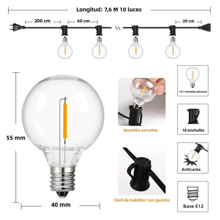 Luces De Garland G40 Para Exteriores Inalámbricas LED Sopladas Y Resistente Al Choque Luz Vintage Conectable Para Decoración De Patio Y Pared - 1