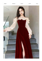 Vestido De Noche Elegante Para Mujer Con Volantes Y Patchwork Manga Larga Hombro Descubierto A-line Con Abertura Alta Vestido De Boda Y Fiesta - details 3