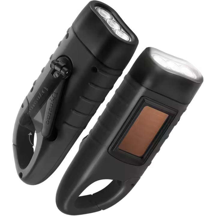 Paquete de 2 linternas solares recargables con manivela manual, linterna LED de emergencia, linterna de supervivencia, linterna de dinamo con mosquetón de liberación rápida para deportes al aire libre, color negro - 1