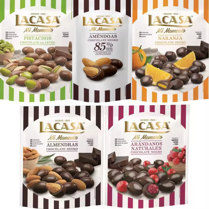 Lacasa Mi Momento pack de 5:Almendra 85% 65G,Arándano choco Negro 125G,Almendra choco Negro 125G,Naranja choco Negro 125G,Pistacho Leche 100G - 1