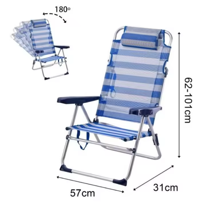 Silla Playa Plegable, 5 Posiciones, 57X31X62/101CM Incluye cojín Acolchado, Asa Hombro, Soporta 110 kg, Topes antivuelco, Multiposición, Respaldo reclinable Raya Azul - 1