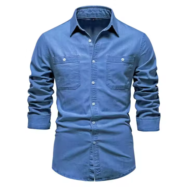 2024 Otoño e Invierno nueva camisa vaquera de tamaño europeo sin hierro camisa casual de manga larga de color sólido para hombres - 1