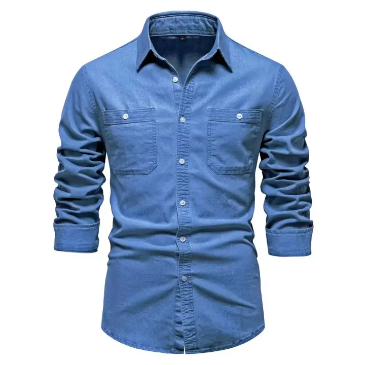 2024 Otoño e Invierno nueva camisa vaquera de tamaño europeo sin hierro camisa casual de manga larga de color sólido para hombres - 1