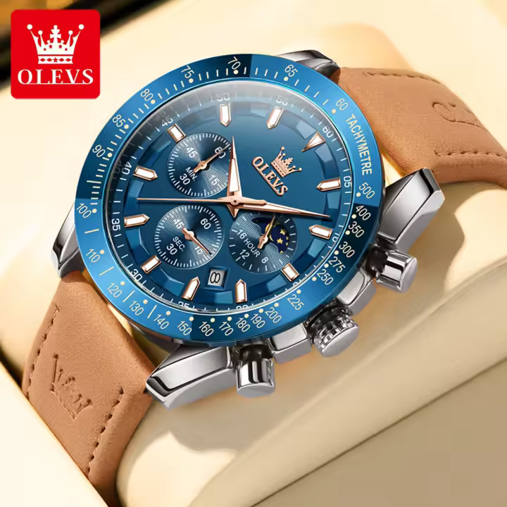 Reloj De Cuarzo Para Hombre OLEVS Con Fase Lunar Calendario Óptimo Resistente Al Agua Y Luz Piel Marrón Correa De Cuero Reloj De Mano Para Hombres - 1