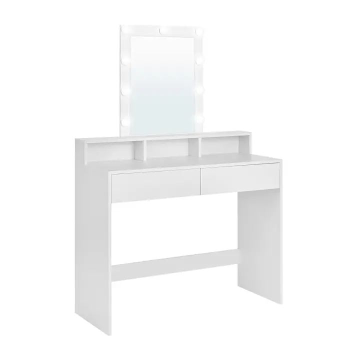 Tocador con luces led ajustables, mesa de maquillaje con espejo, 2 cajones, 3 compartimentos, diseño moderno en color blanco - 1