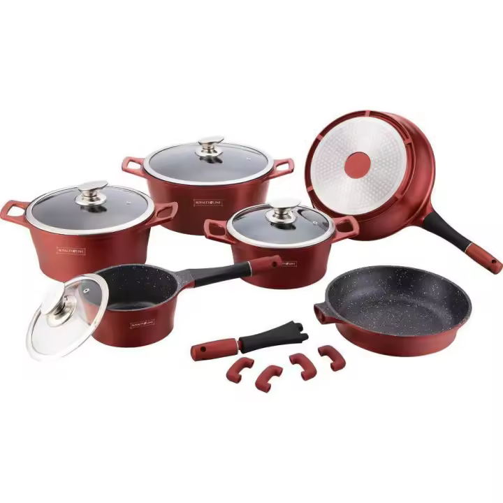 Batería de cocina 14 piezas con revestimiento de piedra , Teflón y asas de silicona RL-ES2014M BURGUNDY - 1