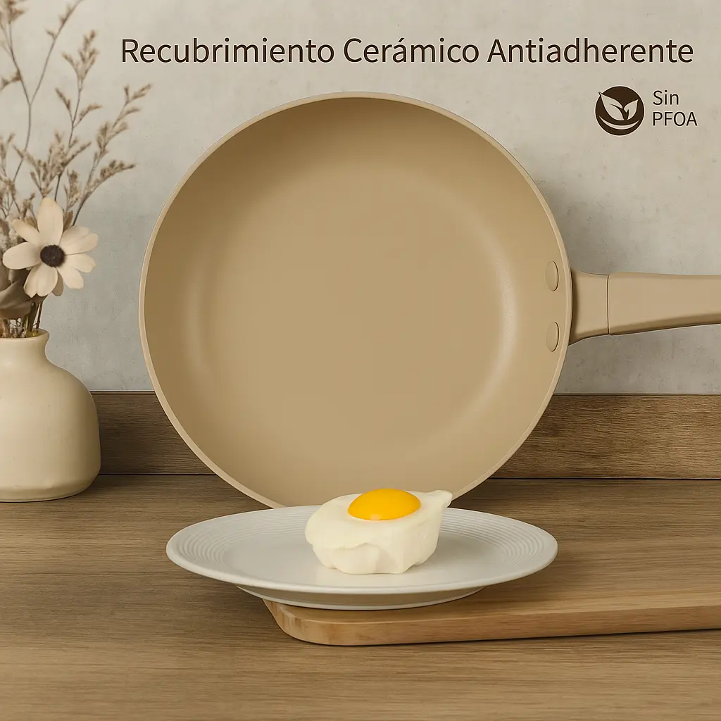 Juego de 3 Sartenes Antiadherentes Premium Color Arena | Set Completo 20+24+28 cm | Inducción y Vitro | Diseño Acanalado y Mango Ergonómico Soft-Touch | Doble Capa de Recubrimiento | Libre de PFOA y PFAS - Happy Friends - details 0