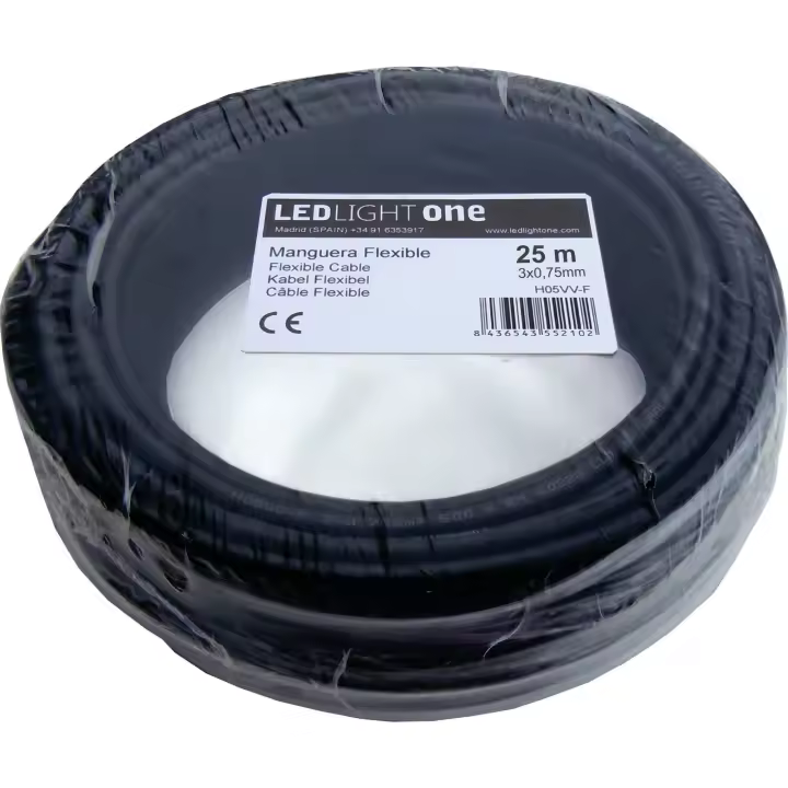 Led Light One Cable H05VV-F Conductor 3x0,75mm 25m (Negro) Tensión de servicio: 500v Temperatura máxima de trabajo 70º.Cables para instalaciones fijas y móviles en locales domésticos y oficinas. - 1