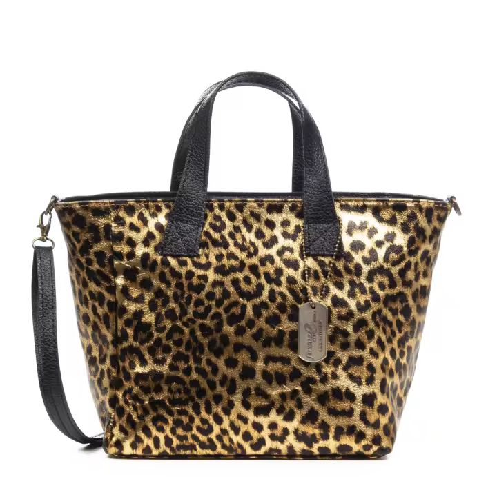 FIRENZE ARTEGIANI Cassandra bolso tote mujer. Piel auténtica Gamuza, animal print leopardo, lacado brillante. Fabricado en Italia 32x14x23 Cm. - 1
