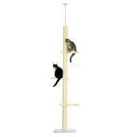 PawHut Árbol para Gatos del Suelo al Techo 220-260 cm Altura Ajustable Torre para Gatos con 3 Plataformas Poste Escalador de Sisal y Bola para Jugar 47x34x220-260 cm Amarillo - details 0