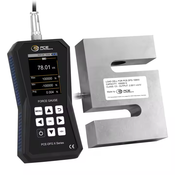 Dinamómetro con célula externa hasta 100 000 N / Diferentes modos de alarma / Pantalla gráfica / Registro de datos / Incluye software / PCE Instruments - 1