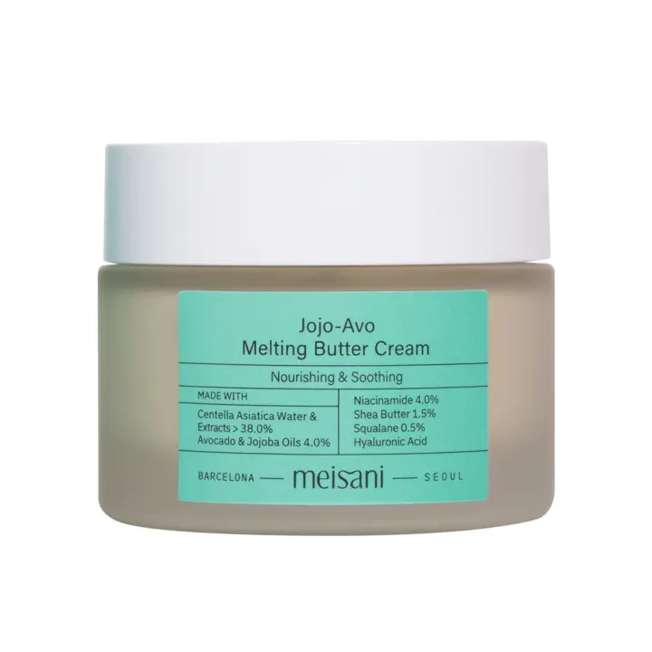Meisani JOJO-AVO MELTING BUTTER CREAM - Crema hidratante de textura rica y cremosa con aceites de Aguacate y Jojoba, agua de Centella Asiática, Triterpenoides y Niacinamida para una piel profundamente hidratada. - 50ml - Apta para todo tipo de pieles. - 1