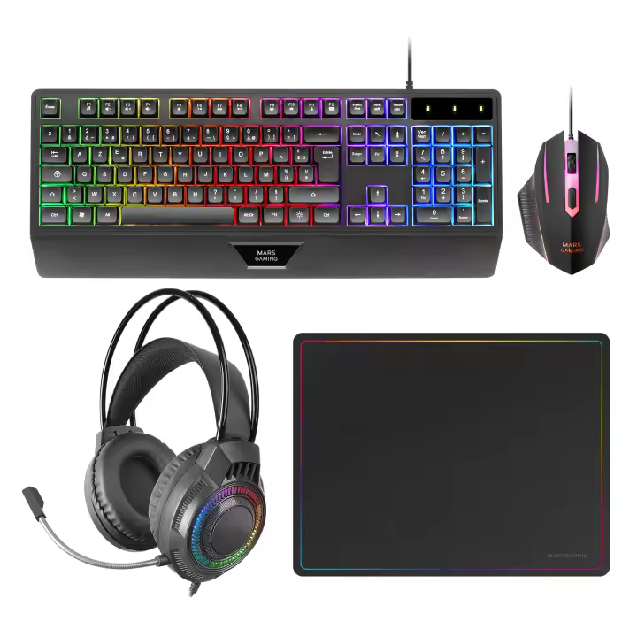 Mars Gaming MCP124PRO, Combo Gaming 4en1, Teclado RGB H-Mech con Reposamuñecas, Ratón RGB 3200DPI y Switches HUANO, Auriculares FRGB, Alfombrilla Nanotextil 36x26cm, Compatibilidad Multiplataforma, Combo Negro o Blanco, Idioma Español, Francés o Portugués - 1