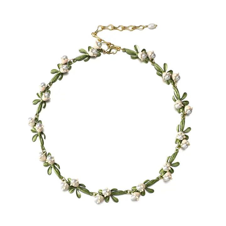 Collar De Lujo AENSOA Con Estampado Floral Blanca Y Hojas En Aleación De Metal Esmaltada Correa Dorada Para Mujer Vintage Para Fiesta - 1