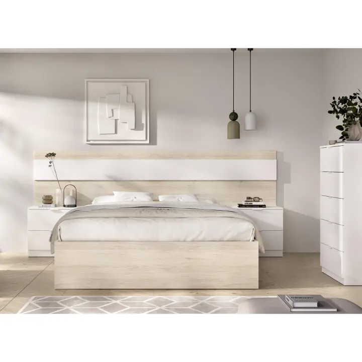 DEKIT GRUPO RIMOBEL NIZA PACK - CONJUNTO DE CABEZAL CON DOS MESITAS DE 2 CAJONES, XIFONIER DE 5 CAJONES Y ARO CAMA DE 135/140X190 - NATURAL / BLANCO - 1