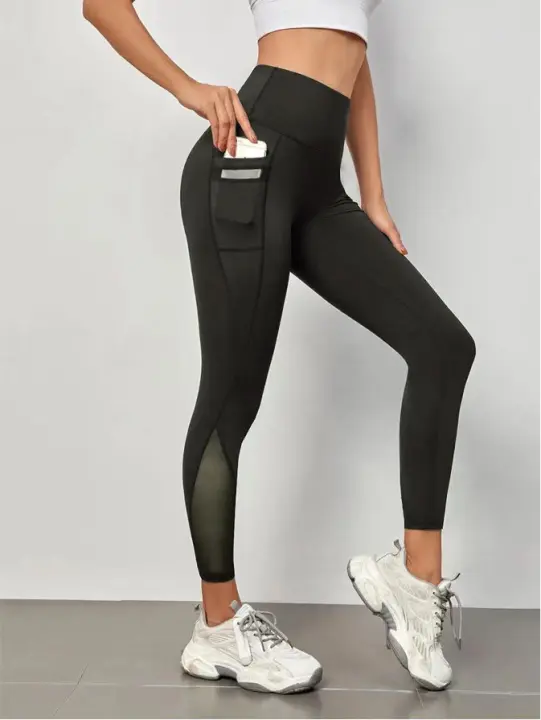 Pantalones De Yoga Para Mujer Cintura Alta Con Bolsillos Grandes Y Costuras De Malla Leggings Deportivos Casual Levantamiento De Glúteos Ropa De Fitness - 1