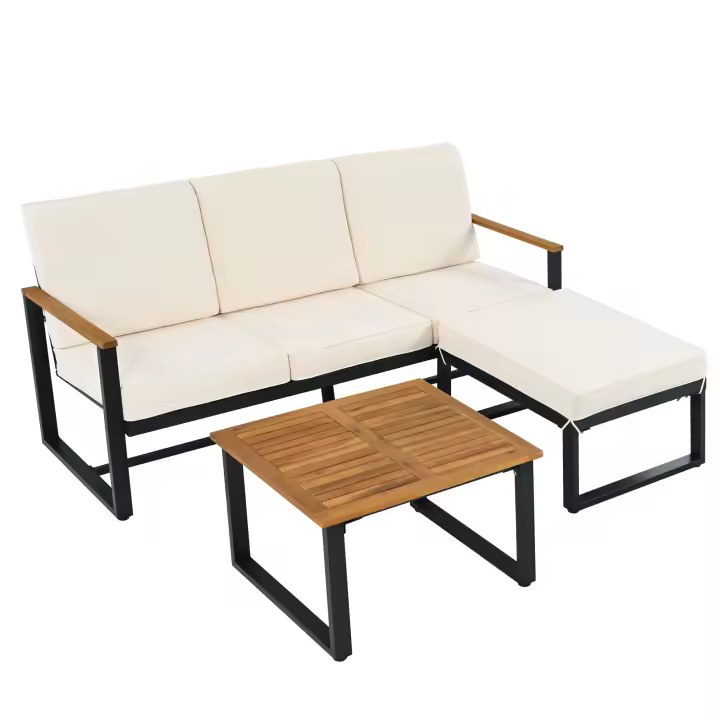 Juego de muebles de Jardín, juego de Esquina, sofá + Mesa de café + reposapiés, tubo de Maple galvanizado, tablero de Madera de Acacia, para Jardín, pool y otras áreas al libre, beige + Negro - 1