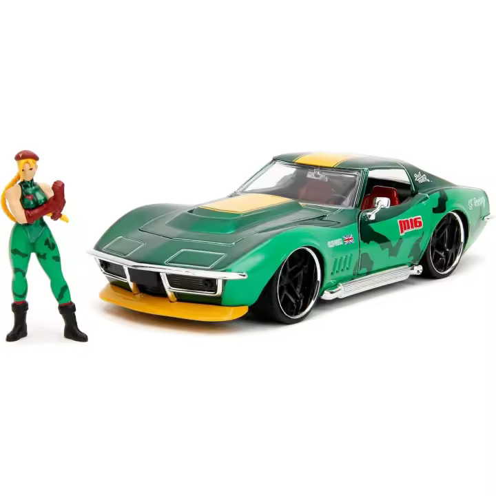 Jada Street Fighter II, Cammy Chevrolet 1969 Corvette, Escala 1:24 , en Metal, Giro de Ruedas, Apertura de Puertas y Figura de Cammy (253255061) - 1