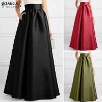 ZANZEA Falda Larga De Seda A-Line Elegante De Verano Para Mujer Cintura Alta Sólida Casual Fiesta OL Trabajo Sin Estirar Polyester - details 1