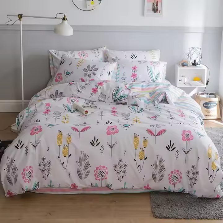Juego de Cama de 4 piezas con Funda de edredón floral, estilo Bohemio, de Algodón, para niños y niños, reversible, at Rayas, para dormitorio, 1 Funda de edredón + 2 fundas de almohada + 1 sábana ajustable - 1